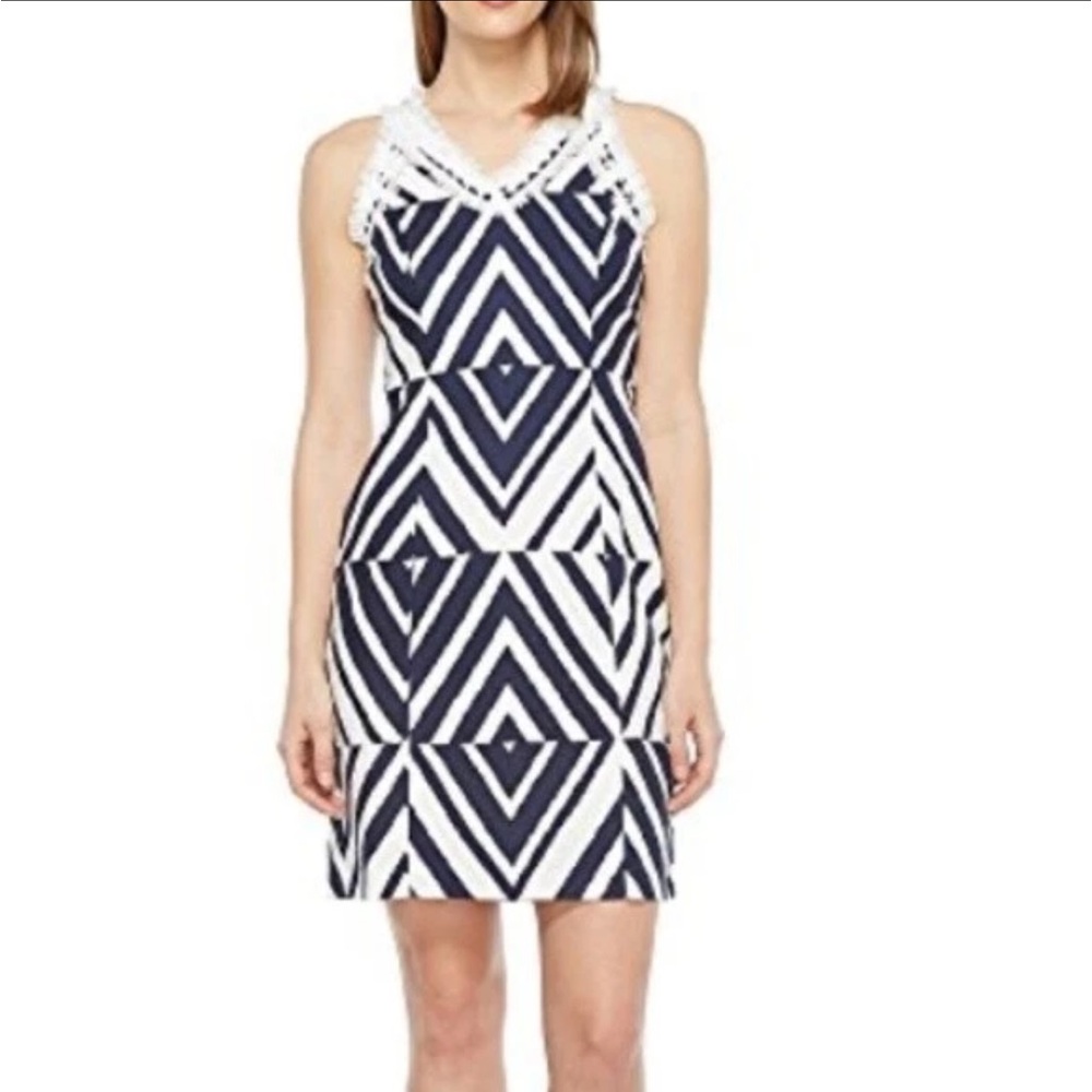 Taylor Navy Blue and White Jacquard Keyhole Back Halter Dress.